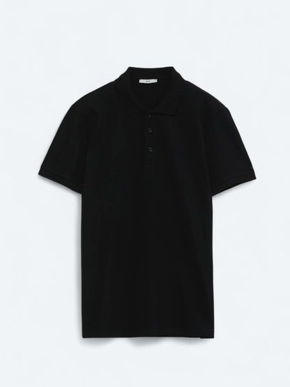 Siyah Düz Polo Yaka %100 Pamuk T-shirt