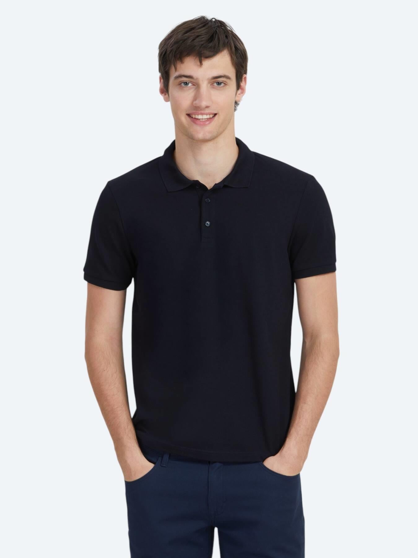 Lacivert Düz Polo Yaka %100 Pamuk T-shirt