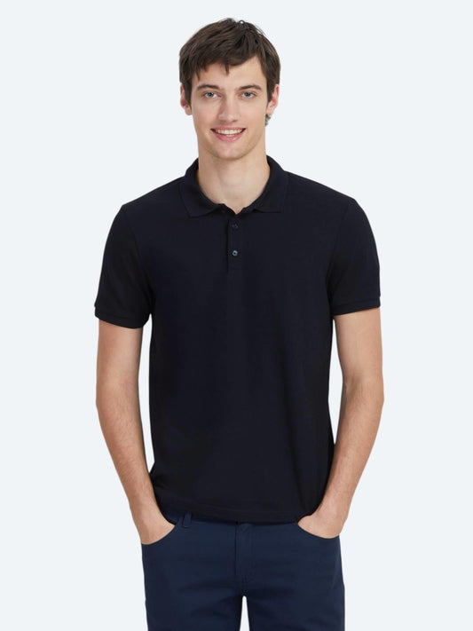 Lacivert Düz Polo Yaka %100 Pamuk T-shirt