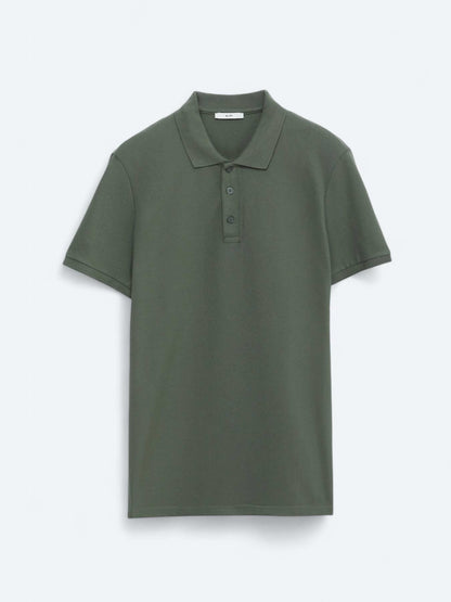 Haki Düz Polo Yaka %100 Pamuk T-shirt