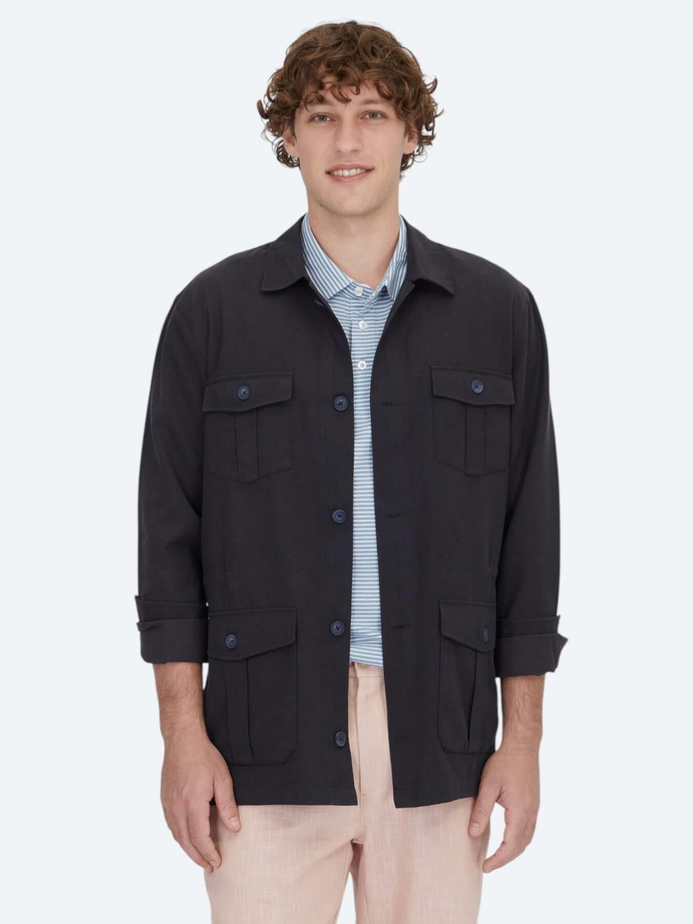 Lacivert Oversize Fit Uzun Dokuma Pamuk Karışımlı Overshırt