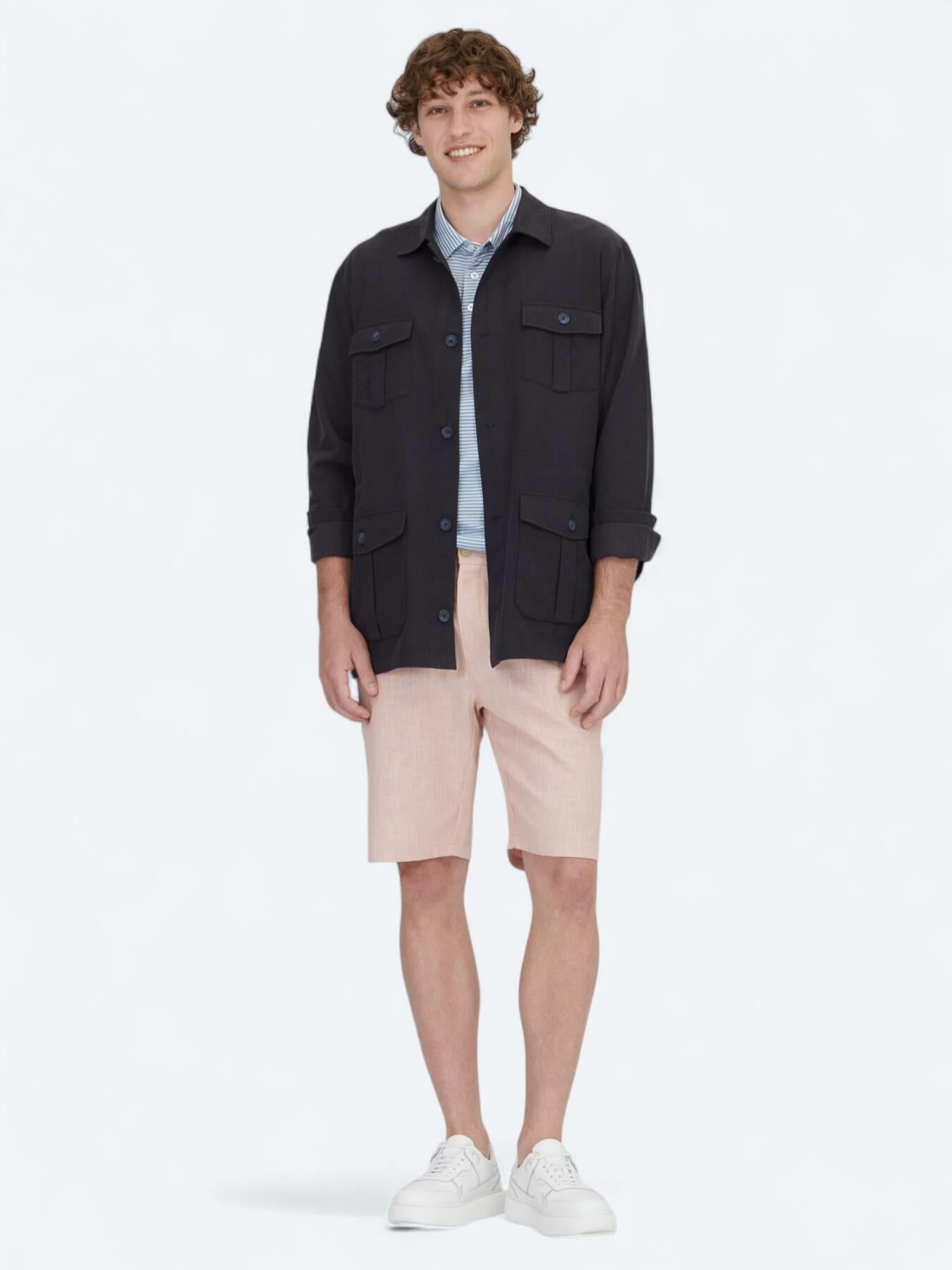 Lacivert Oversize Fit Uzun Dokuma Pamuk Karışımlı Overshırt