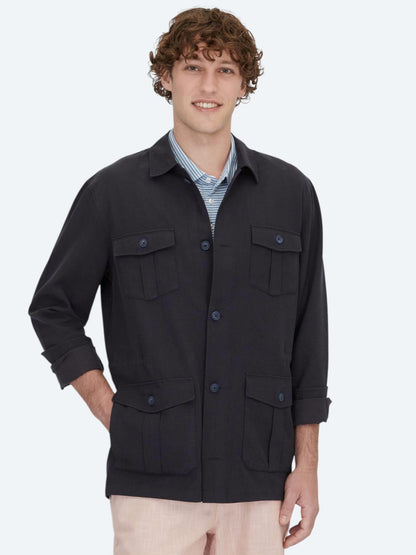 Lacivert Oversize Fit Uzun Dokuma Pamuk Karışımlı Overshırt