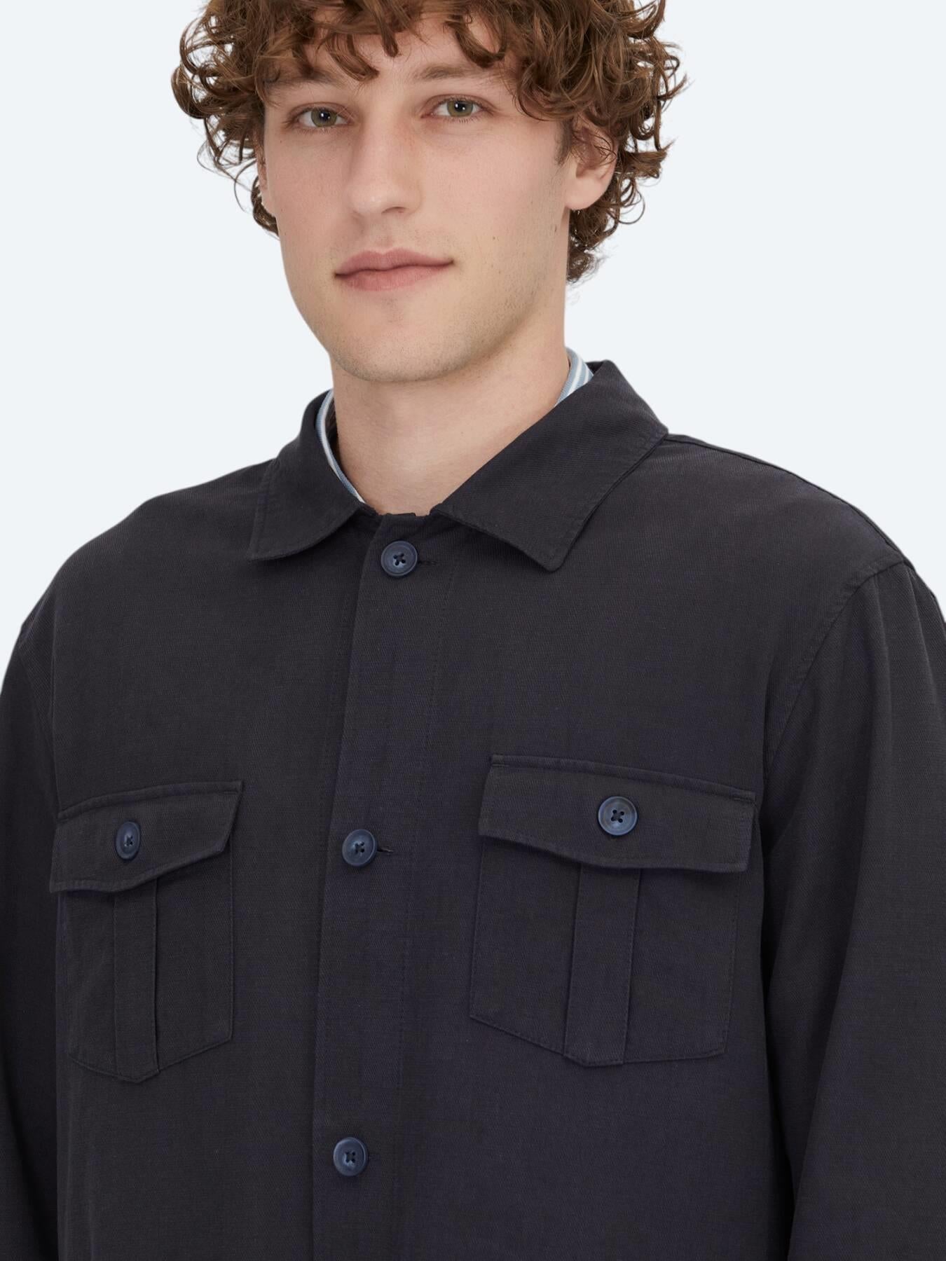 Lacivert Oversize Fit Uzun Dokuma Pamuk Karışımlı Overshırt