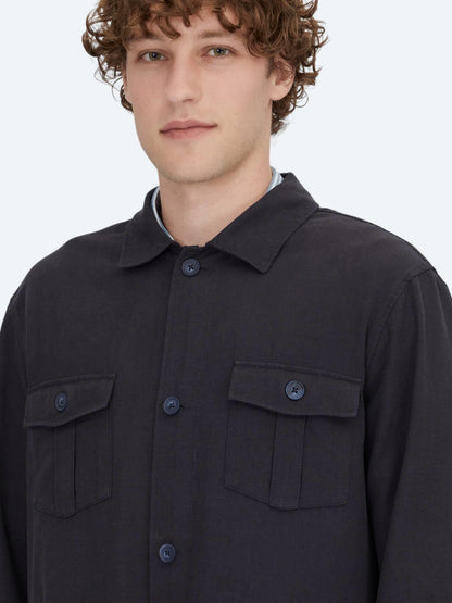 Lacivert Oversize Fit Uzun Dokuma Pamuk Karışımlı Overshırt