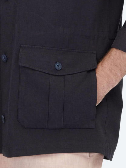 Lacivert Oversize Fit Uzun Dokuma Pamuk Karışımlı Overshırt