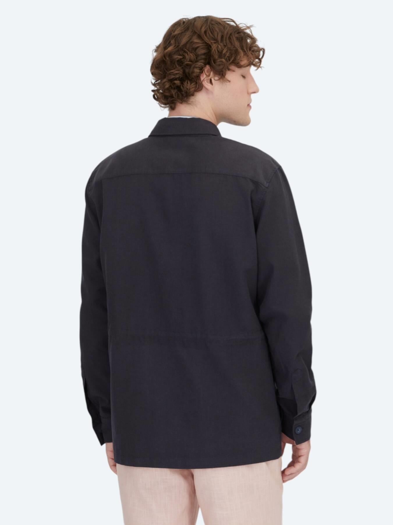 Lacivert Oversize Fit Uzun Dokuma Pamuk Karışımlı Overshırt