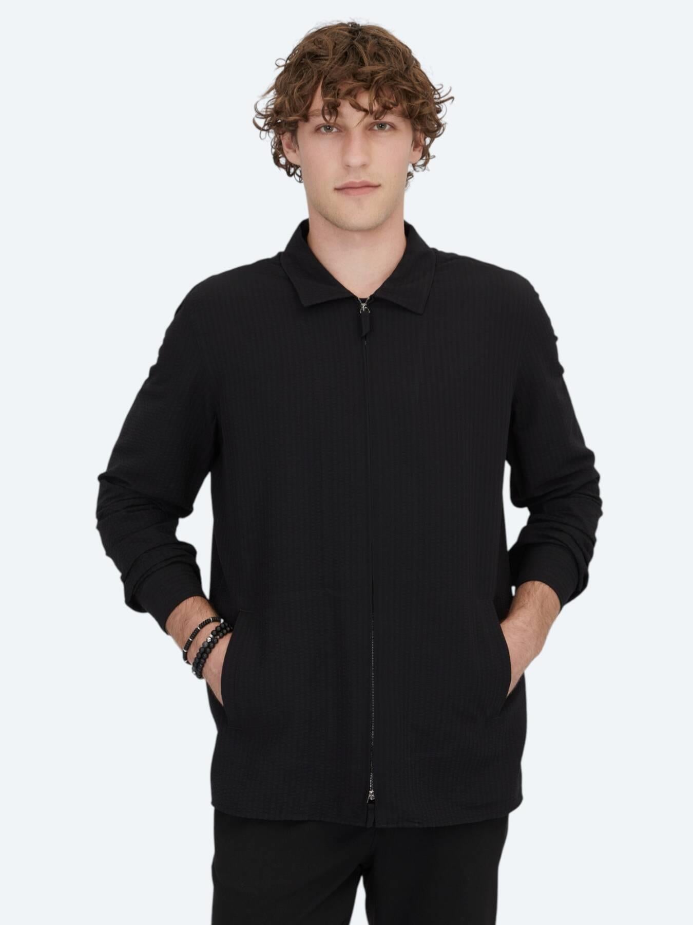 Siyah Regular Fit Dokuma Overshırt