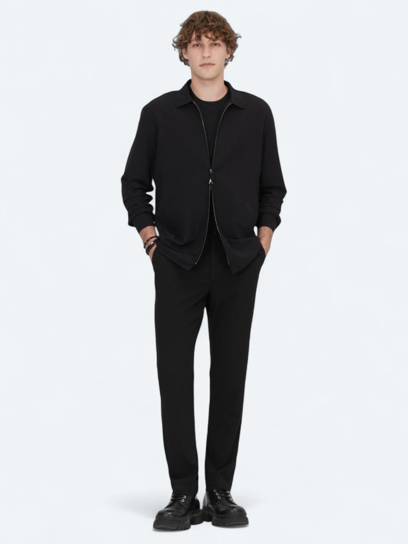Siyah Regular Fit Dokuma Overshırt
