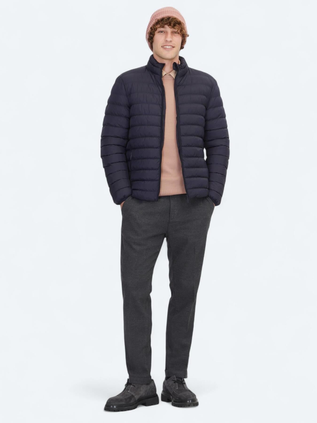 Lacivert Regular Fit Dik Yaka Casual Dokuma Mont