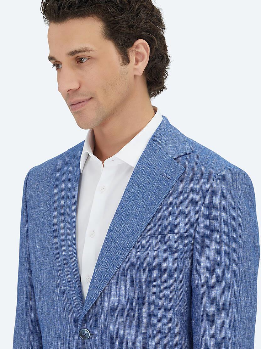 Mavi Çizgili Modern Fit Pamuk Karışımlı Ceket