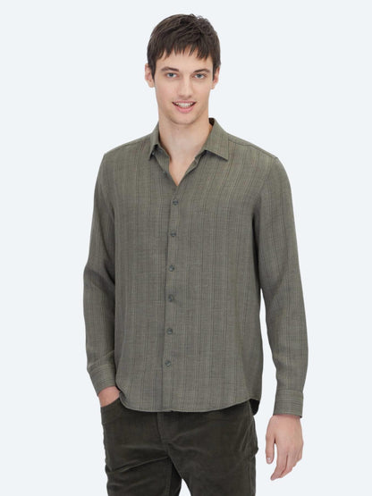 Haki Çizgili Regular Fit Uzun Dokuma Casual Gömlek