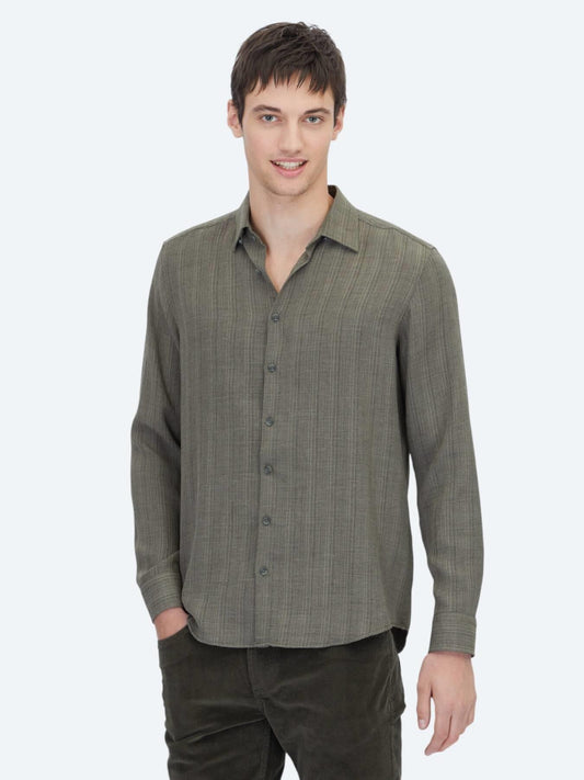 Haki Çizgili Regular Fit Uzun Dokuma Casual Gömlek