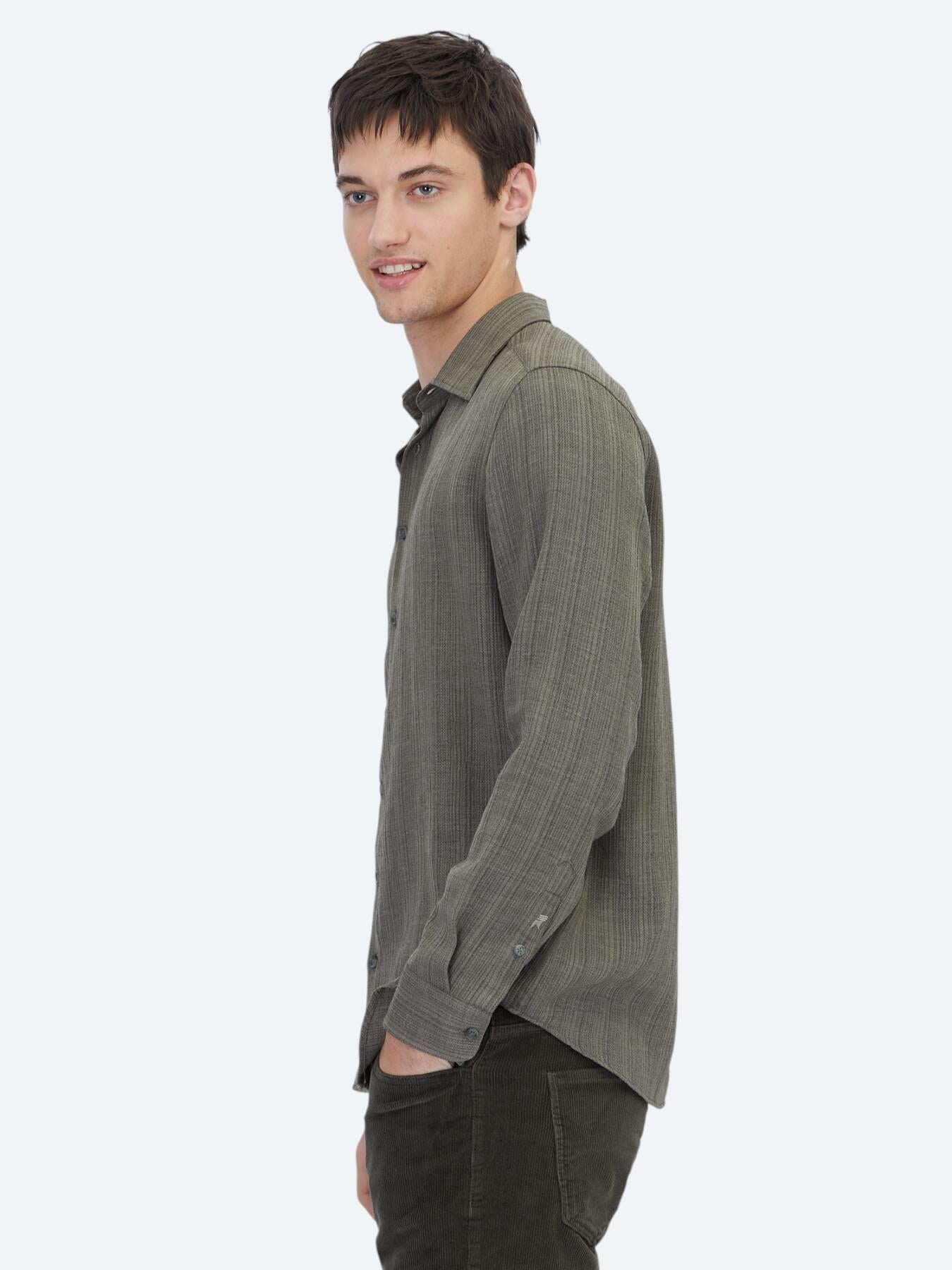 Haki Çizgili Regular Fit Uzun Dokuma Casual Gömlek