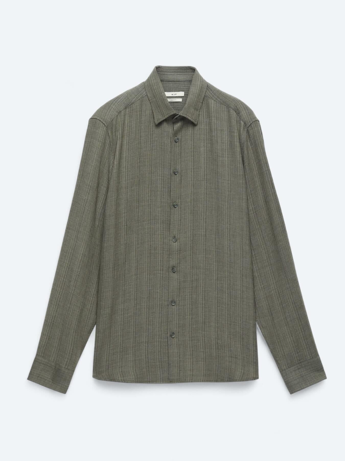 Haki Çizgili Regular Fit Uzun Dokuma Casual Gömlek