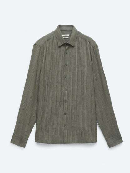 Haki Çizgili Regular Fit Uzun Dokuma Casual Gömlek