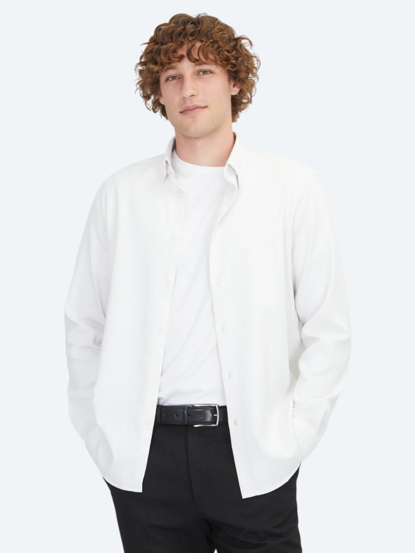 Beyaz Regular Fit Uzun Dokuma Casual Pamuk Karışımlı Gömlek