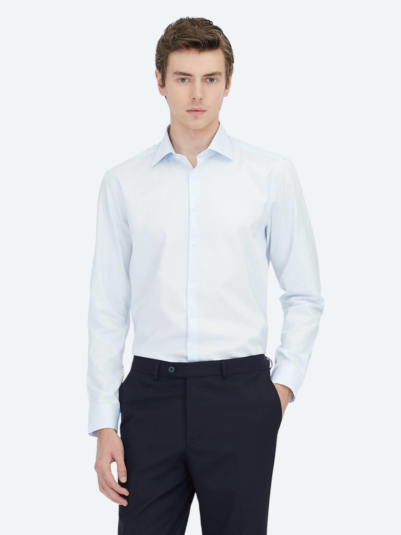 Koyu Mavi Düz Slim Fit Uzun Dokuma Klasik %100 Pamuk Gömlek