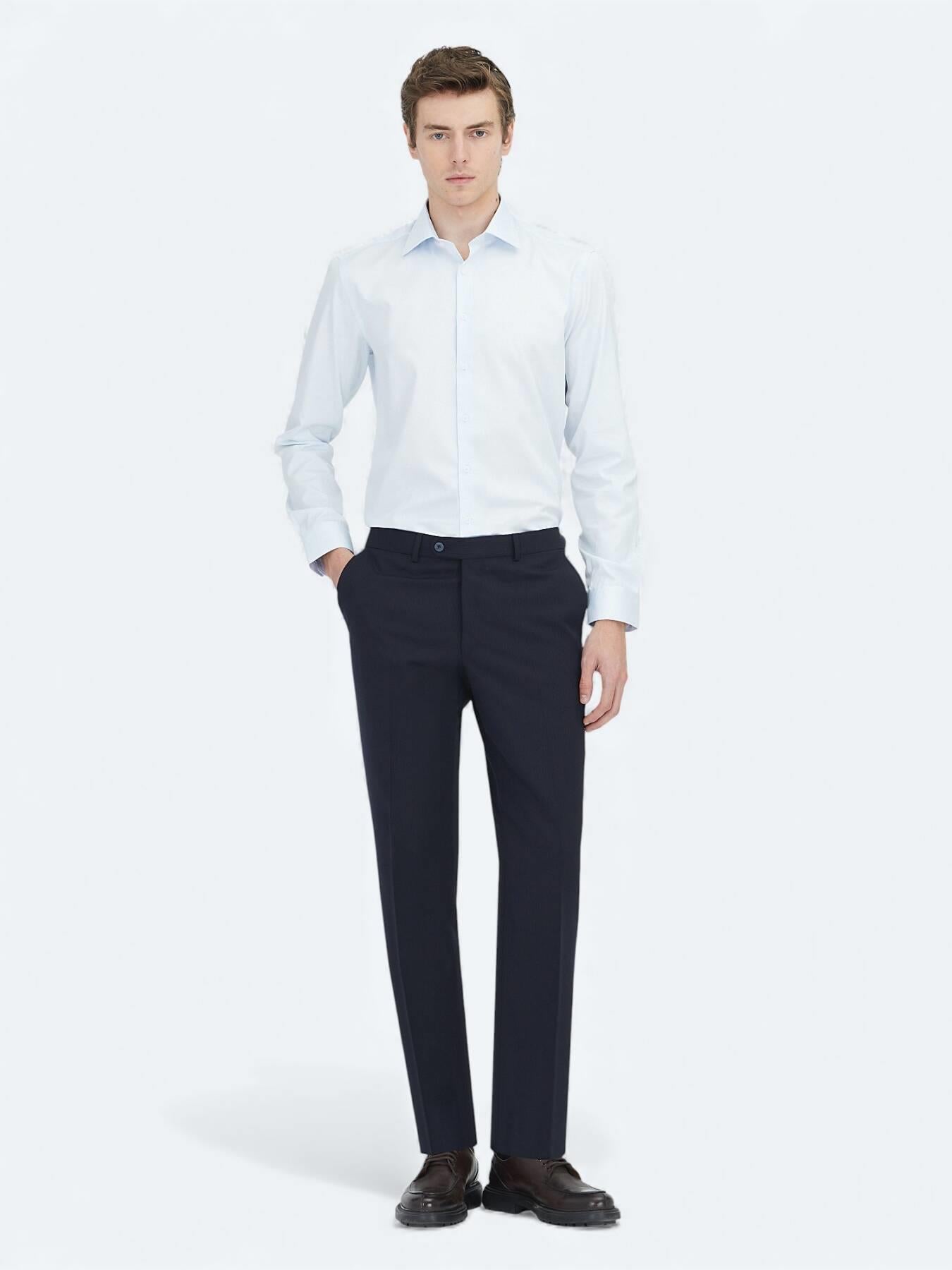 Koyu Mavi Düz Slim Fit Uzun Dokuma Klasik %100 Pamuk Gömlek