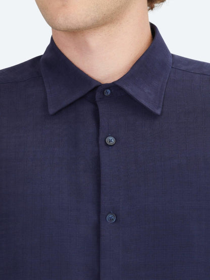 Lacivert Çizgili Regular Fit Uzun Dokuma Casual Gömlek