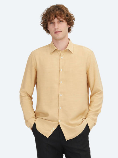 Safran Çizgili Regular Fit Uzun Dokuma Casual Gömlek