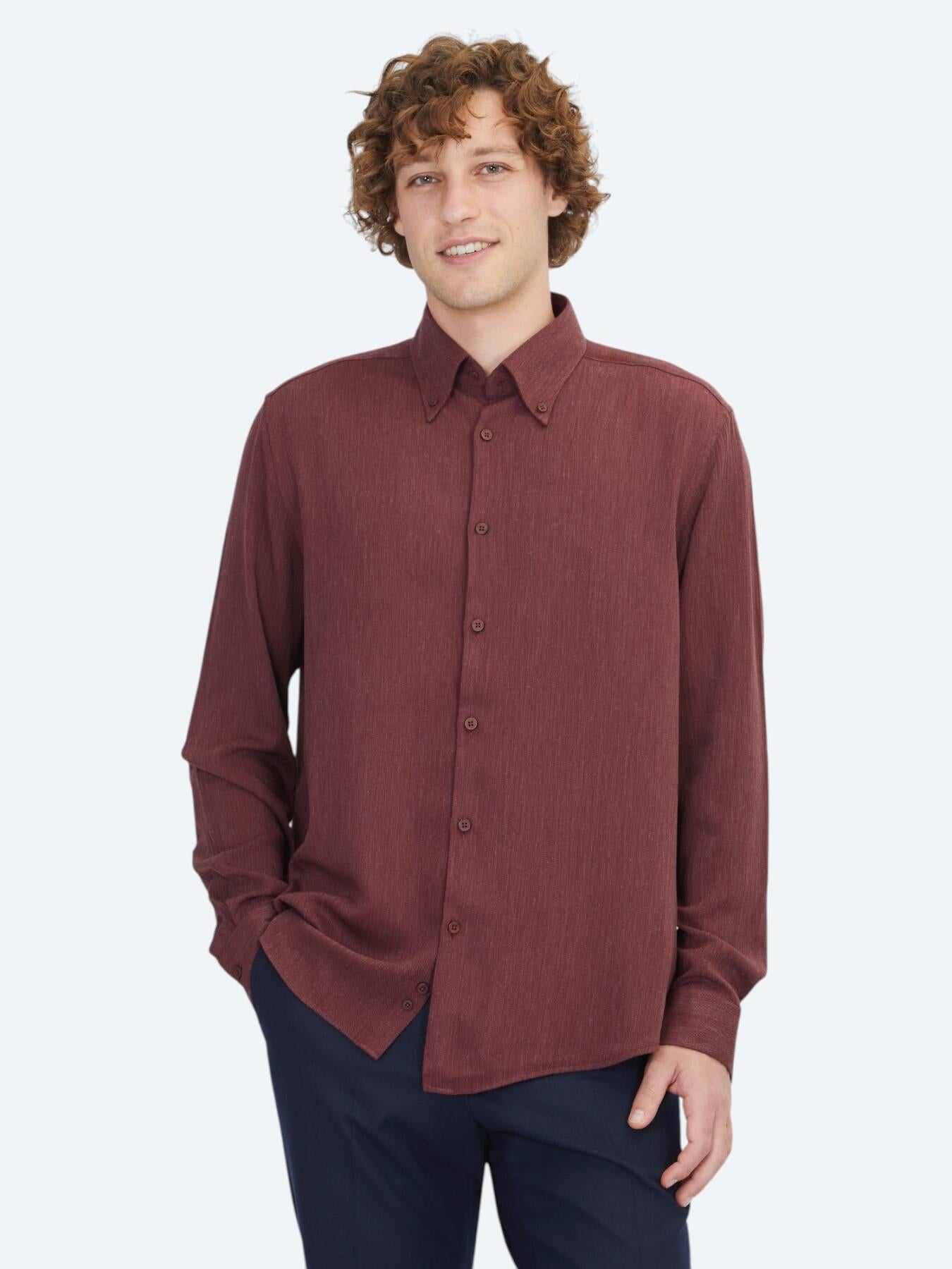 Bordo Regular Fit Uzun Dokuma Casual Gömlek