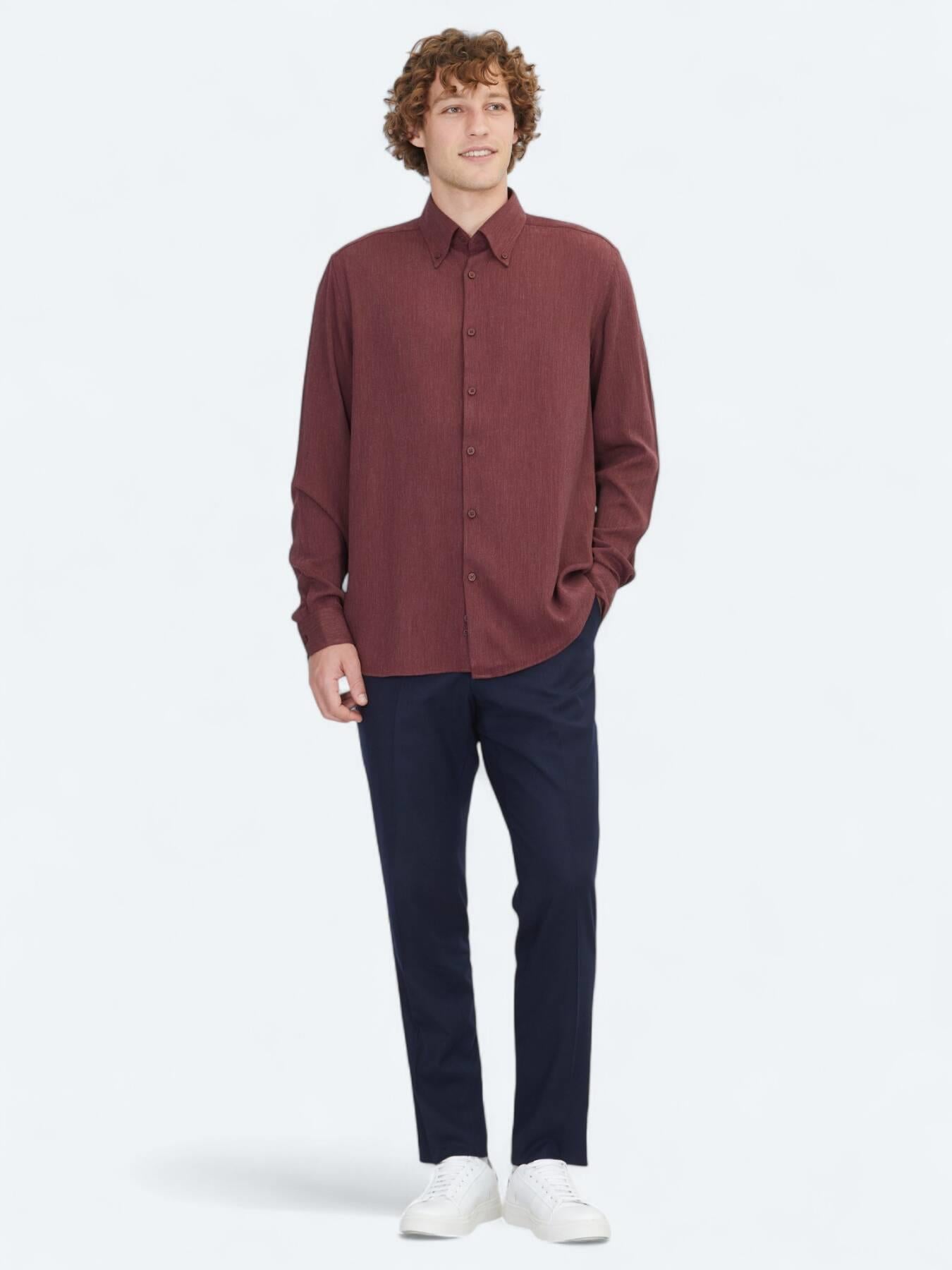 Bordo Regular Fit Uzun Dokuma Casual Gömlek