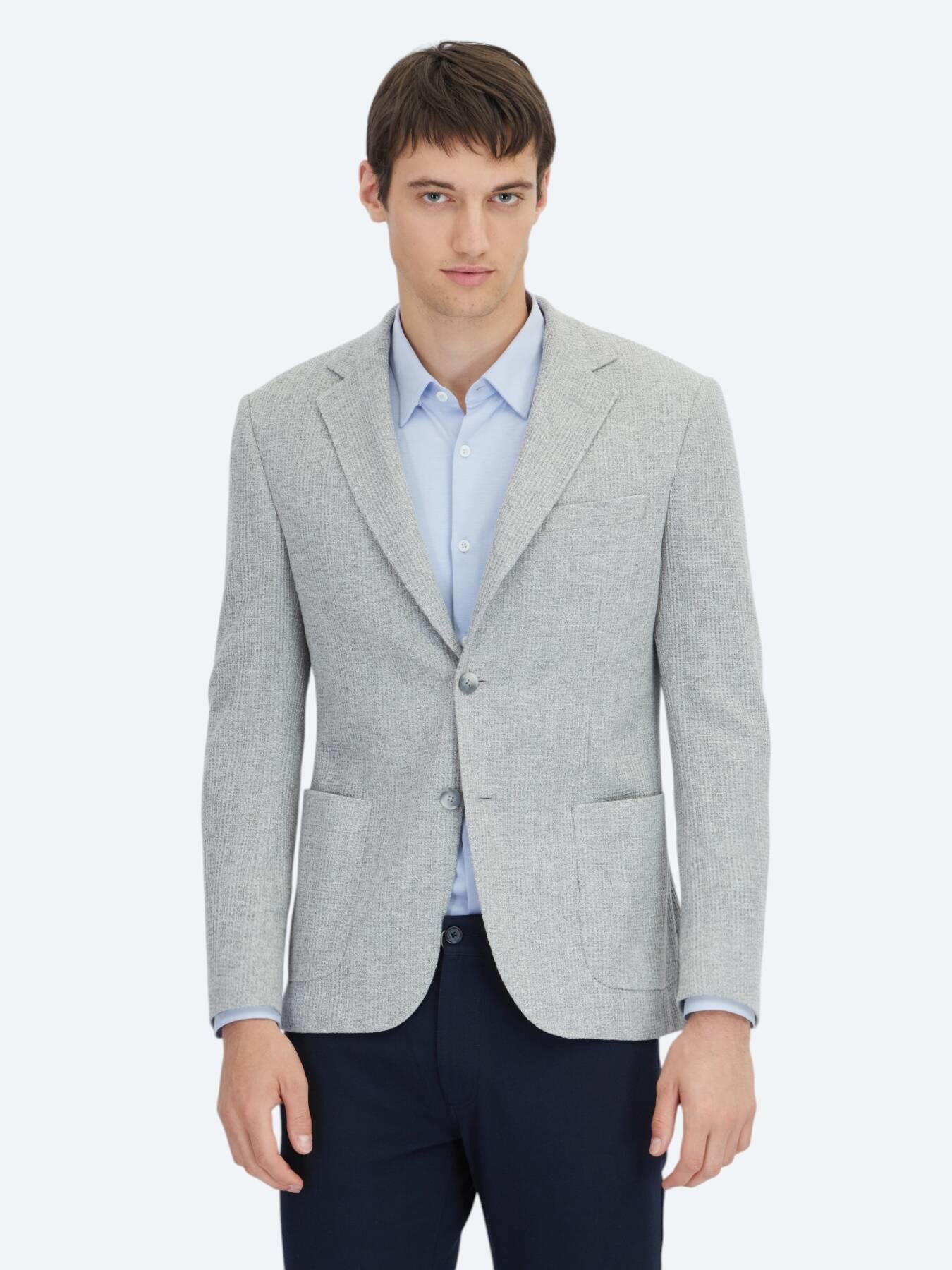 Gri Kareli Modern Fit Pamuk Karışımlı Örme Ceket