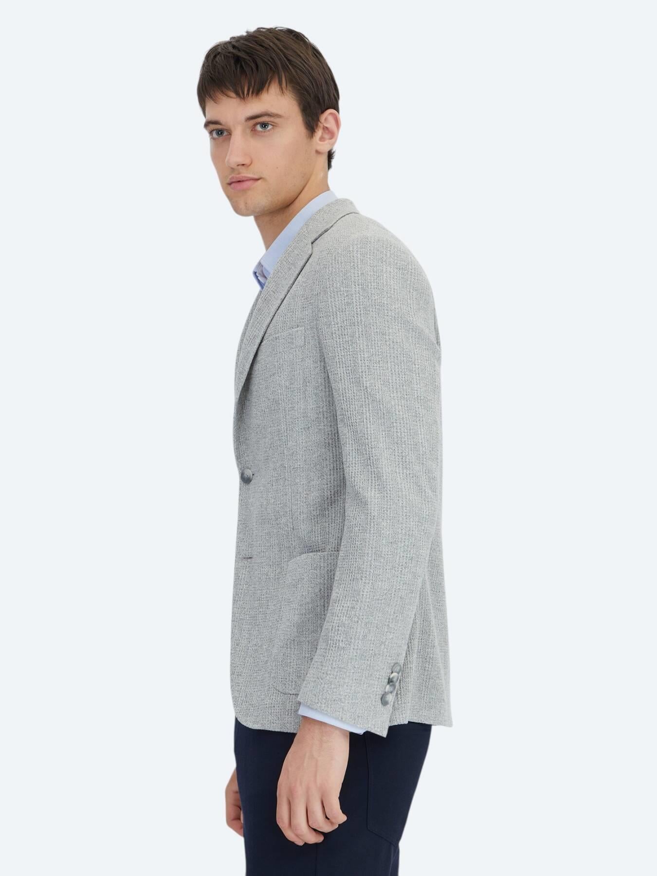 Gri Kareli Modern Fit Pamuk Karışımlı Örme Ceket