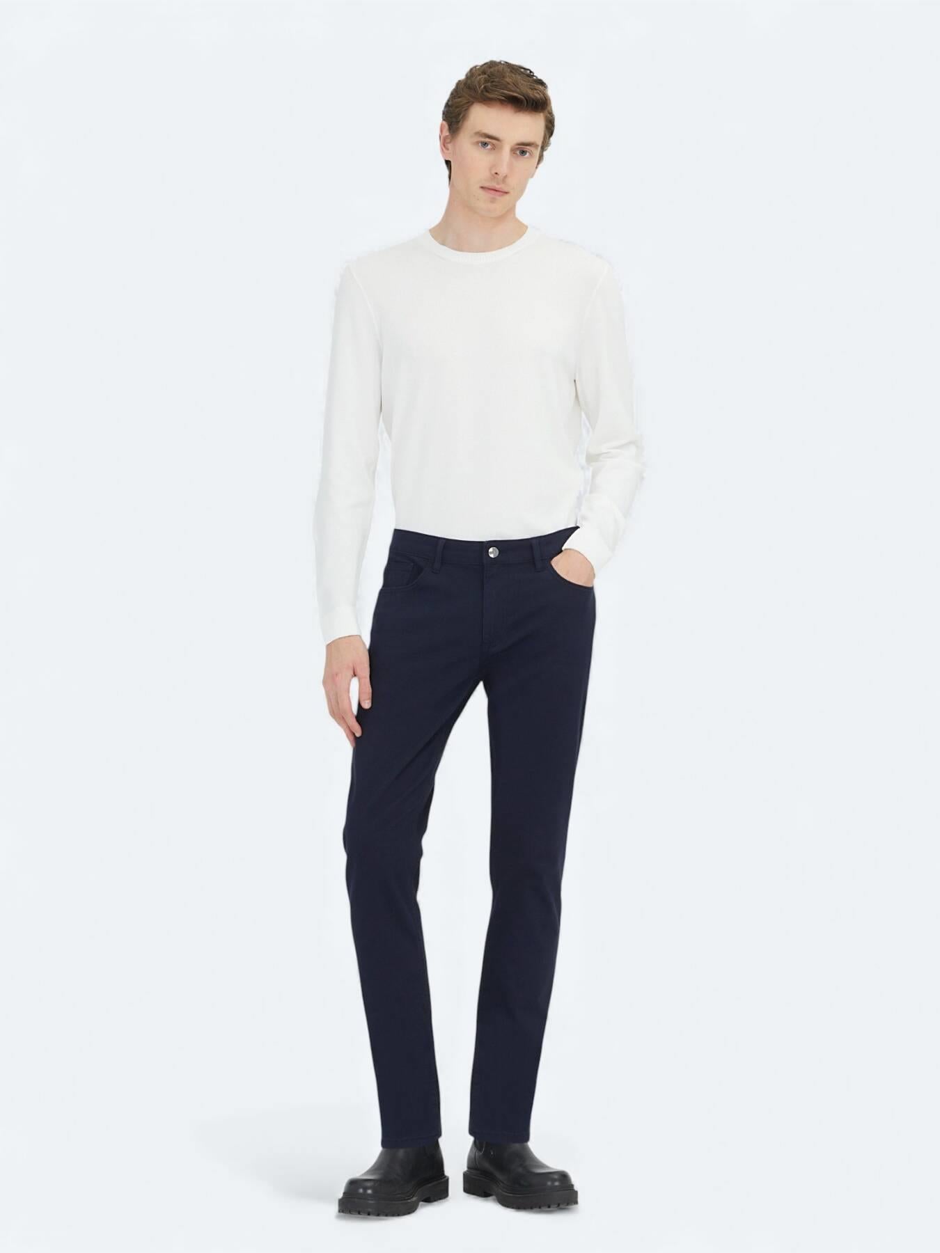 Lacivert Düz Dokuma Slim Fit Casual Pamuk Karışımlı Pantolon