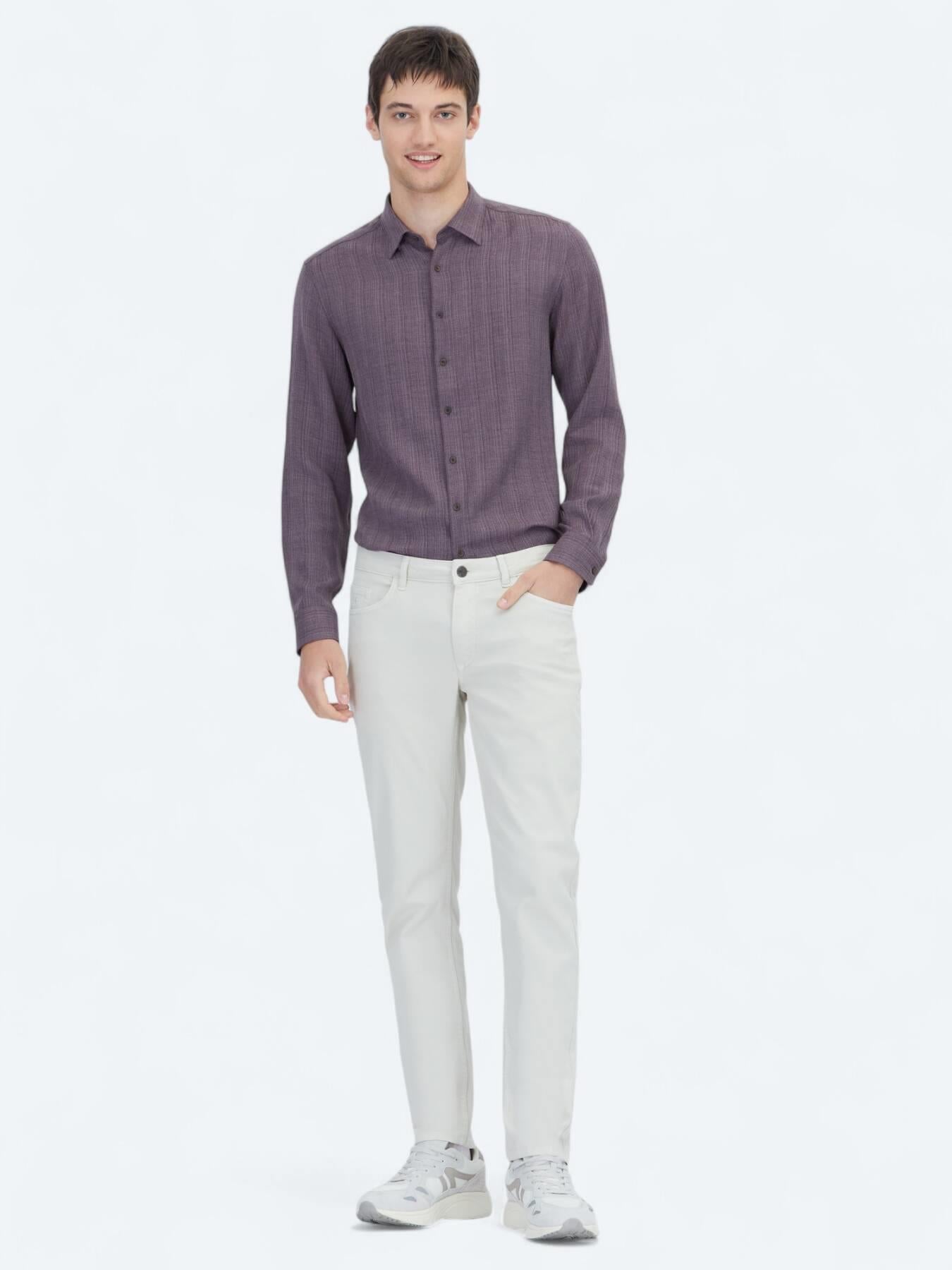 Ekru Düz Dokuma Slim Fit Casual Pamuk Karışımlı Pantolon