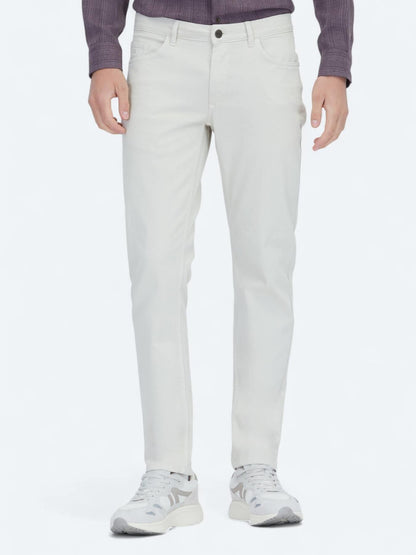 Ekru Düz Dokuma Slim Fit Casual Pamuk Karışımlı Pantolon