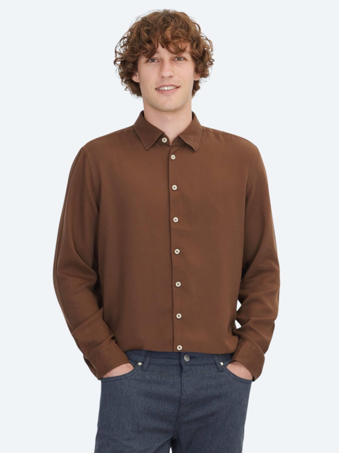 Kahverengi Regular Fit Uzun Dokuma Casual Gömlek