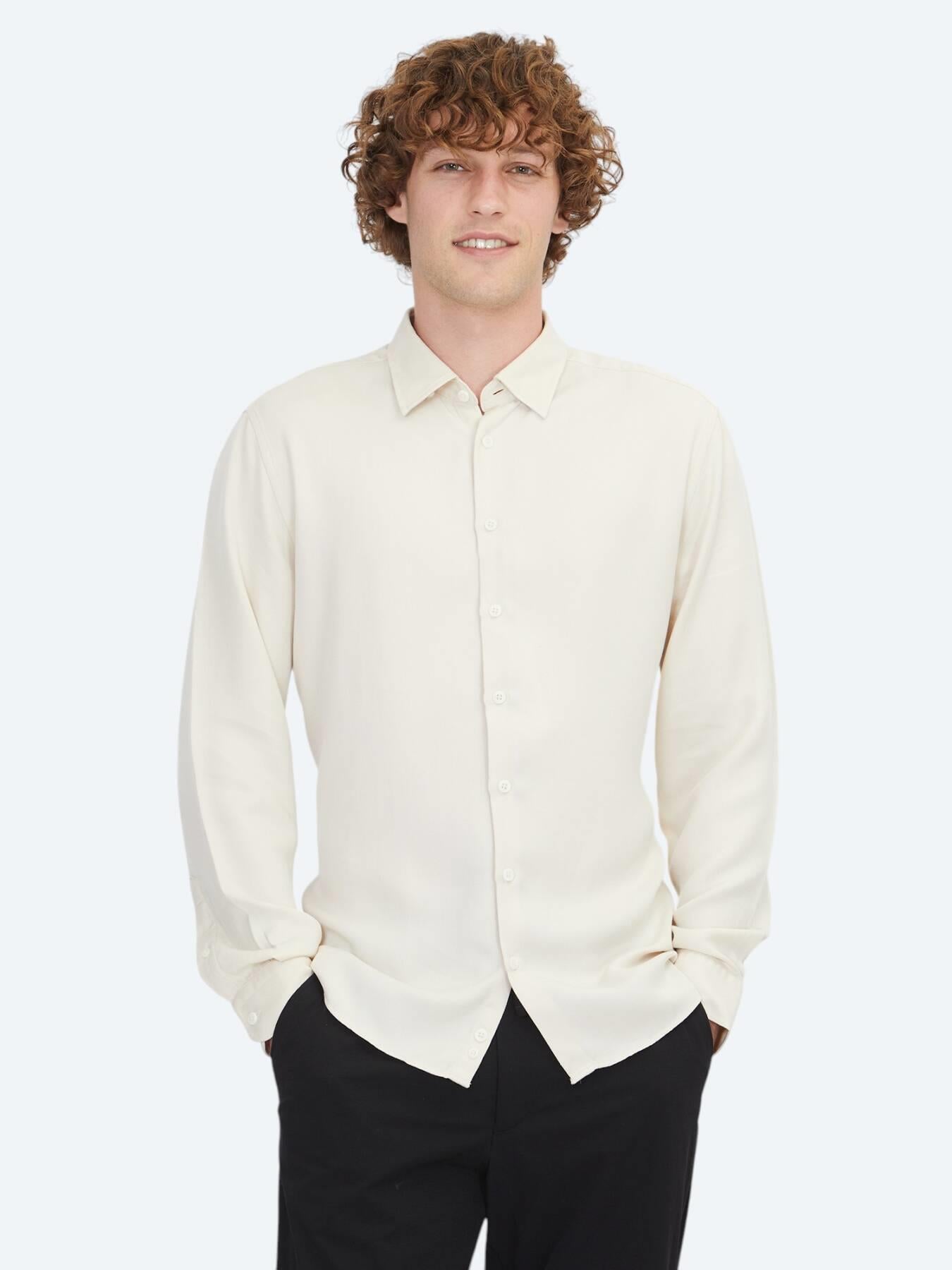 Ekru Regular Fit Uzun Dokuma Casual Gömlek