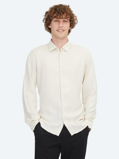 Ekru Regular Fit Uzun Dokuma Casual Gömlek