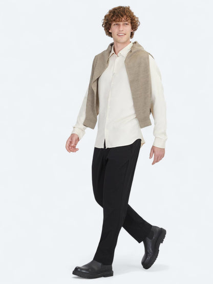 Ekru Regular Fit Uzun Dokuma Casual Gömlek