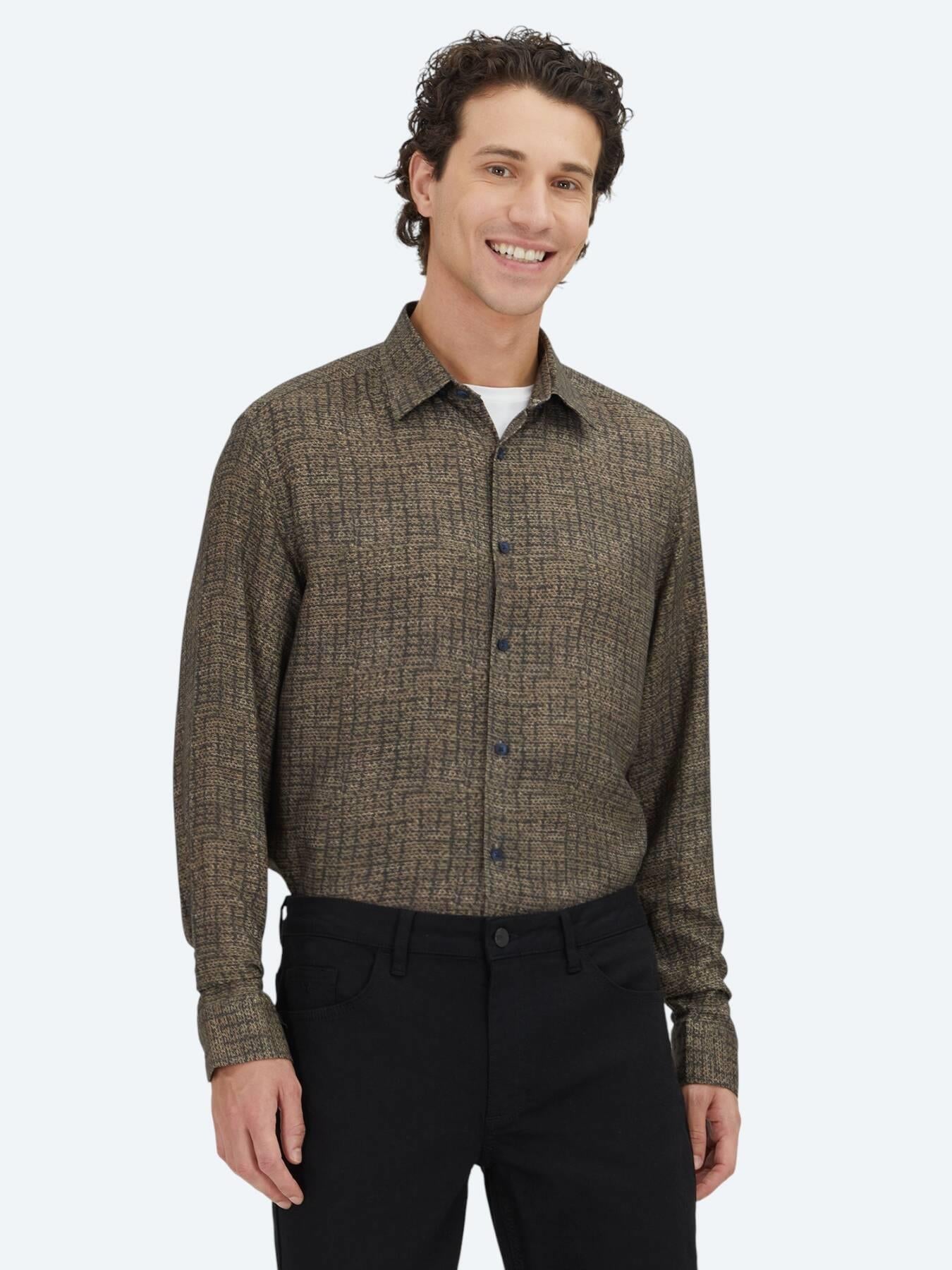 Kahverengi Çizgili Regular Fit Uzun Dokuma Casual %100 Pamuk Gömlek