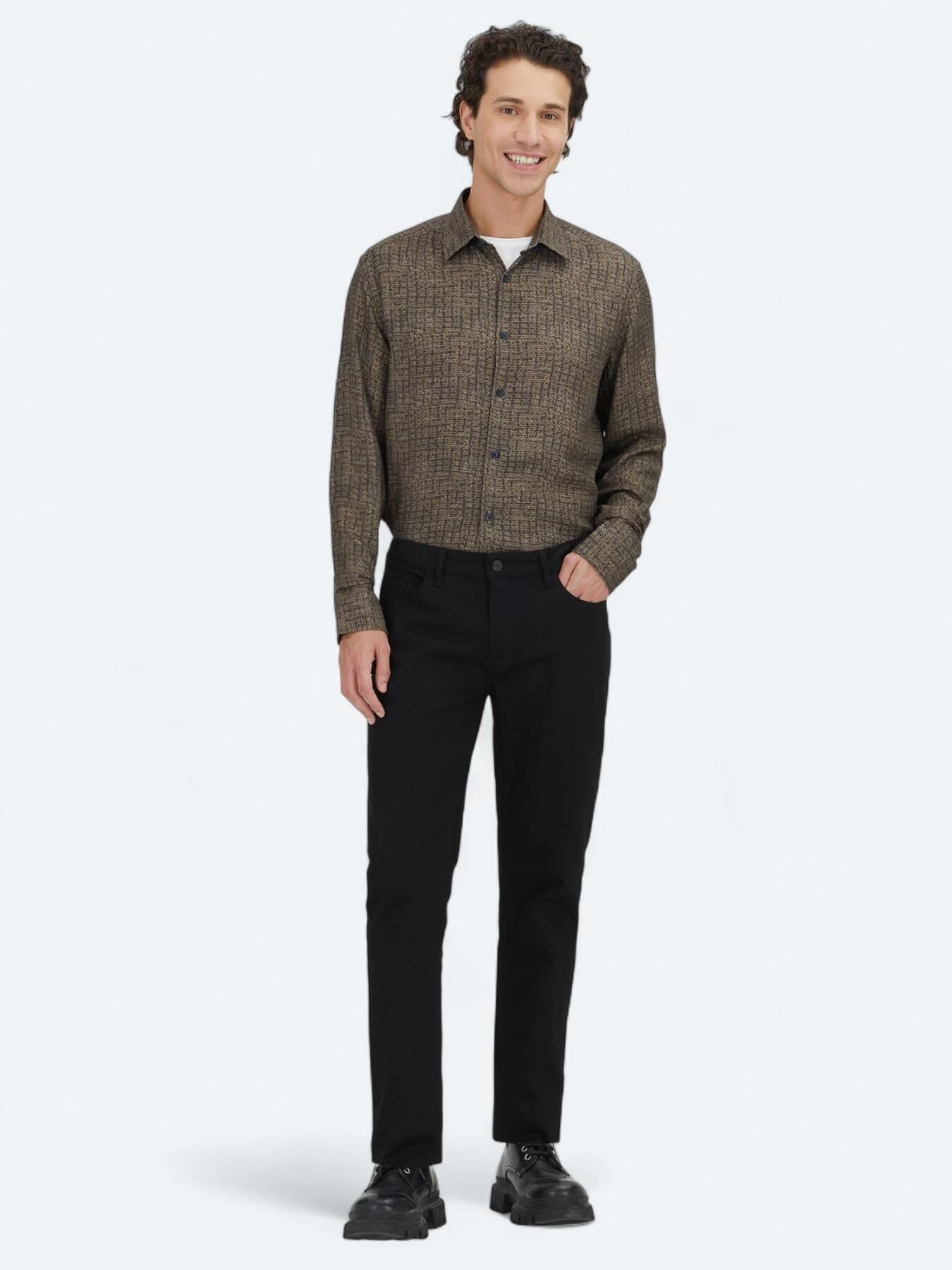 Kahverengi Çizgili Regular Fit Uzun Dokuma Casual %100 Pamuk Gömlek
