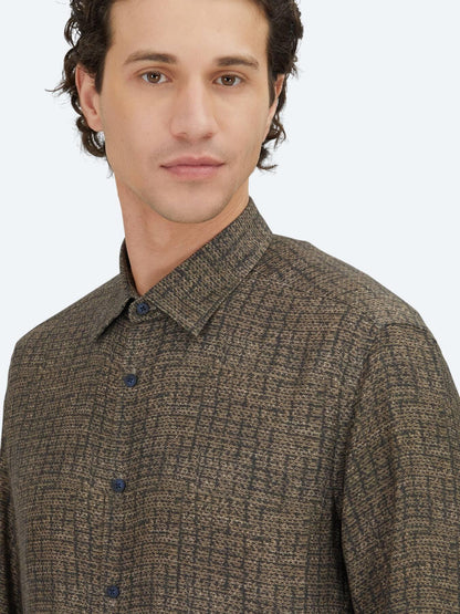 Kahverengi Çizgili Regular Fit Uzun Dokuma Casual %100 Pamuk Gömlek