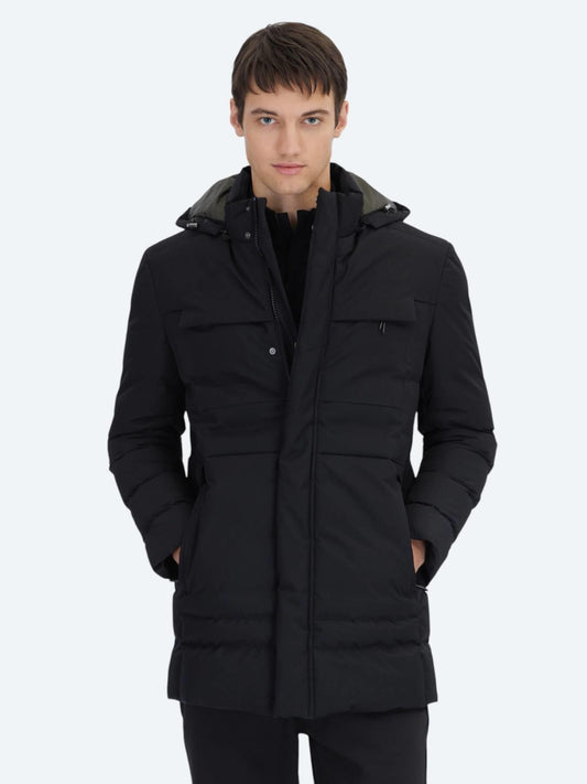 Siyah Regular Fit Kapüşonlu Casual Dokuma Kaban