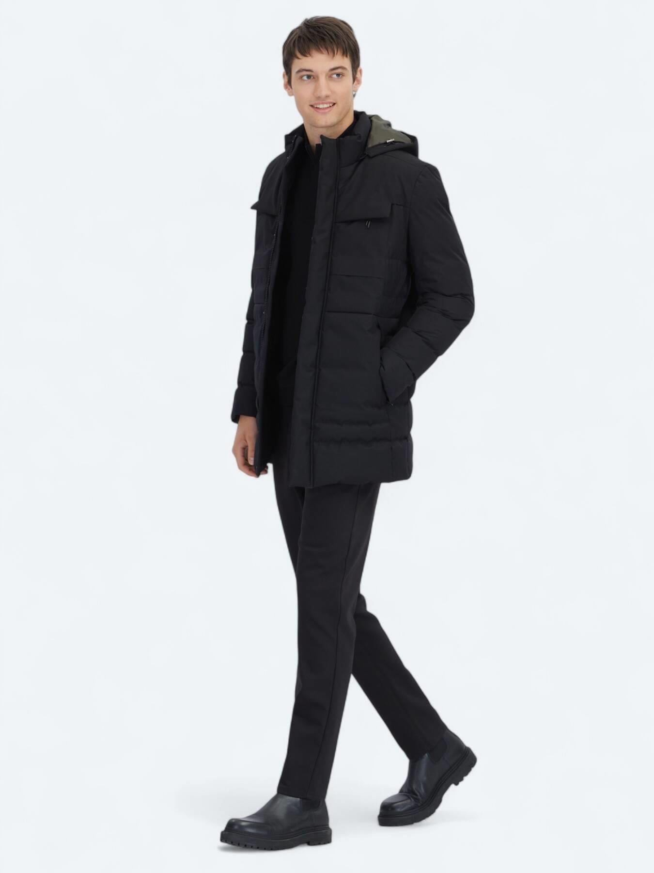 Siyah Regular Fit Kapüşonlu Casual Dokuma Kaban