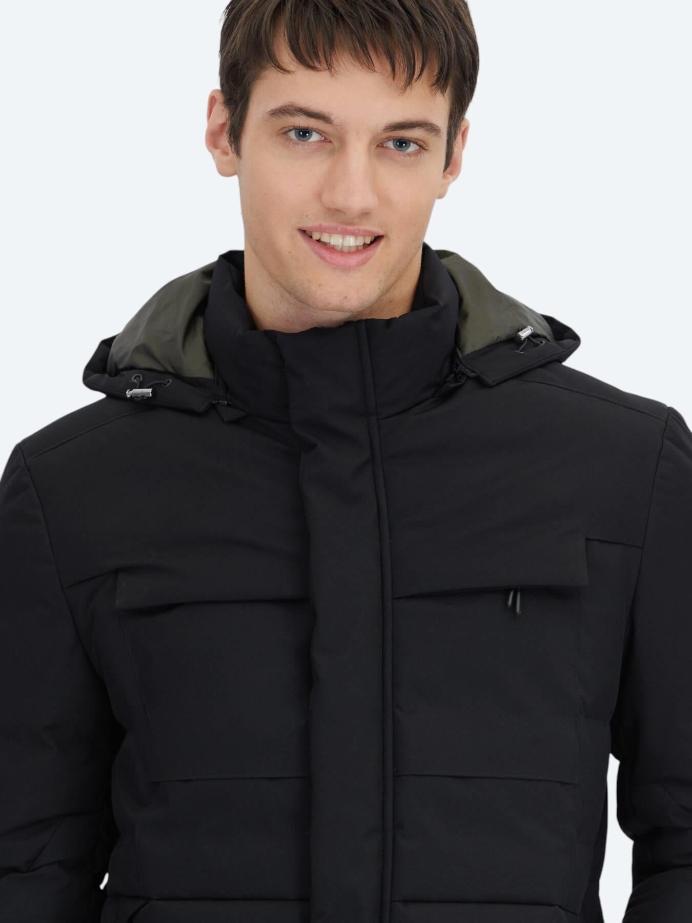 Siyah Regular Fit Kapüşonlu Casual Dokuma Kaban