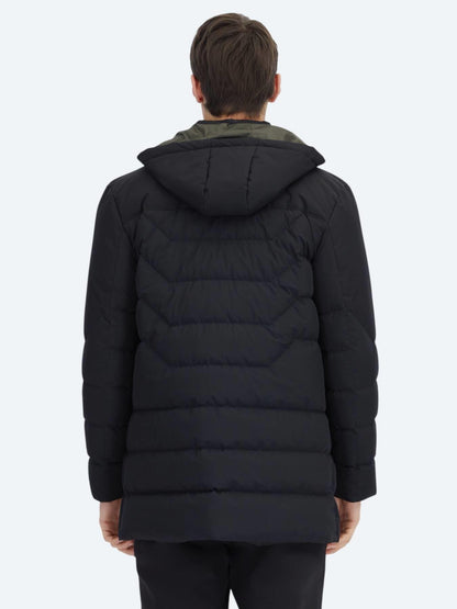 Siyah Regular Fit Kapüşonlu Casual Dokuma Kaban