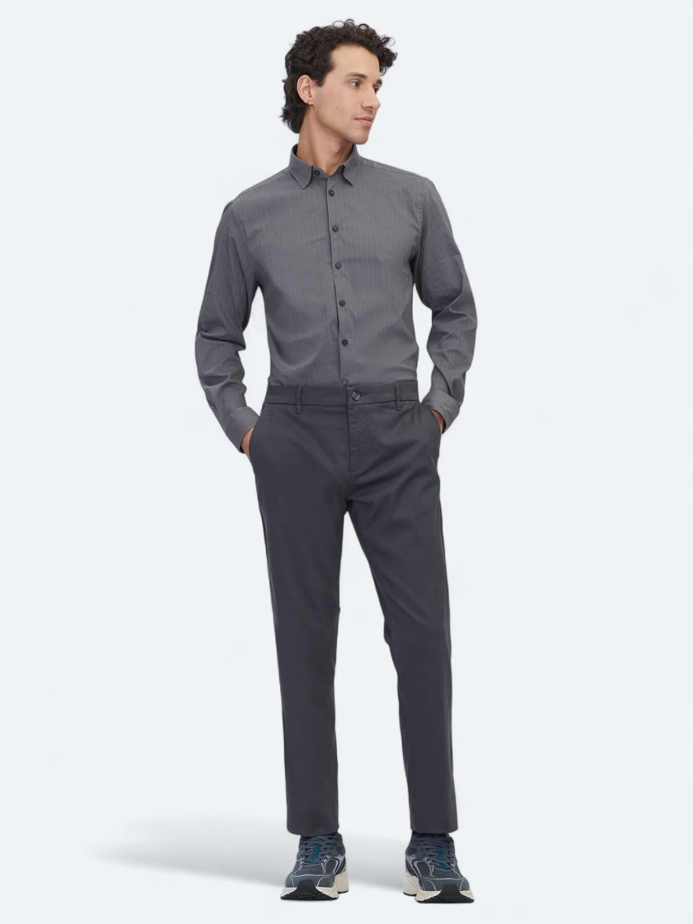 Gri Düz Dokuma Regular Fit Casual Pamuk Karışımlı Pantolon
