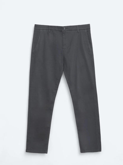 Gri Düz Dokuma Regular Fit Casual Pamuk Karışımlı Pantolon