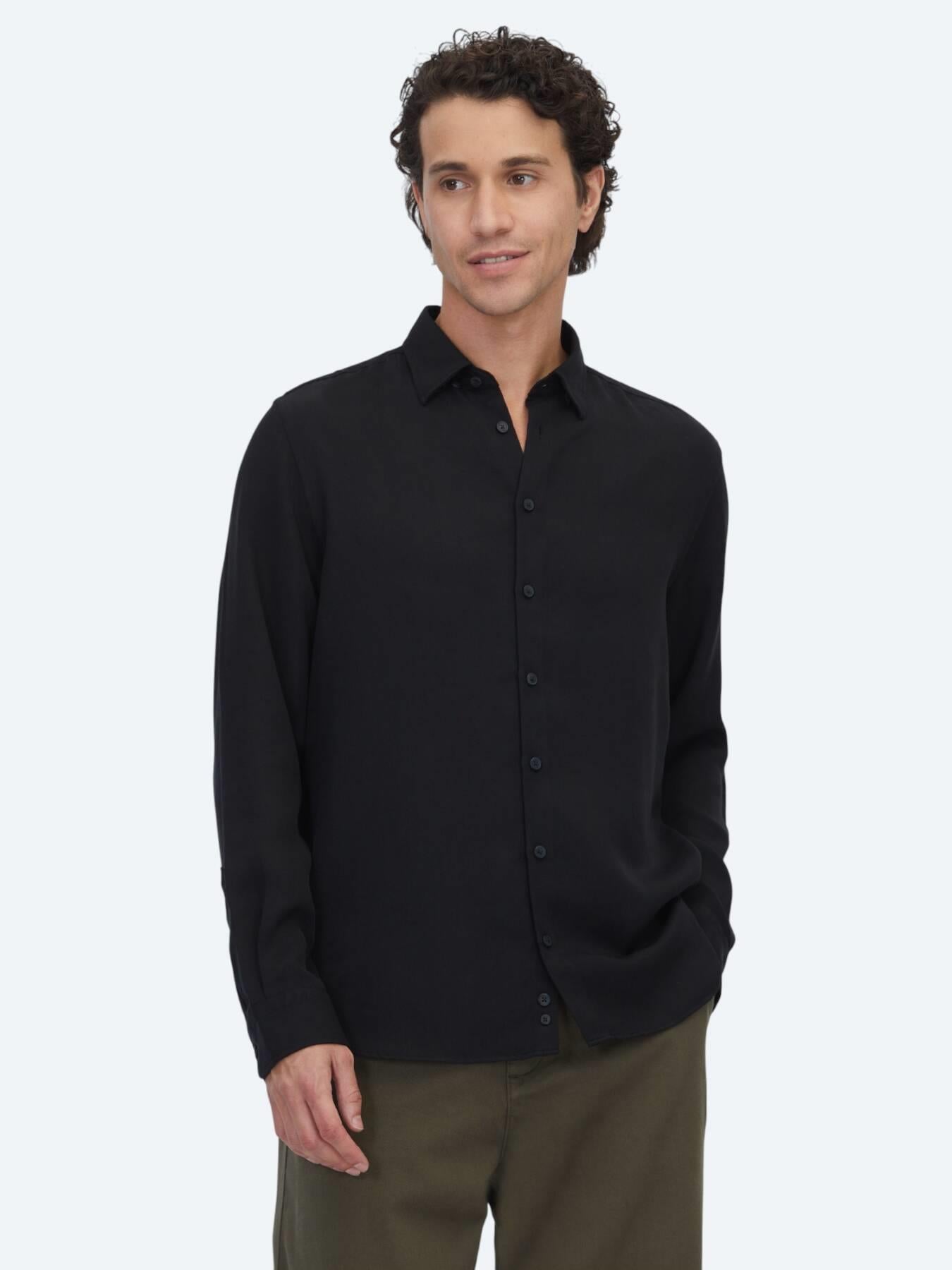 Siyah Regular Fit Uzun Dokuma Casual Gömlek