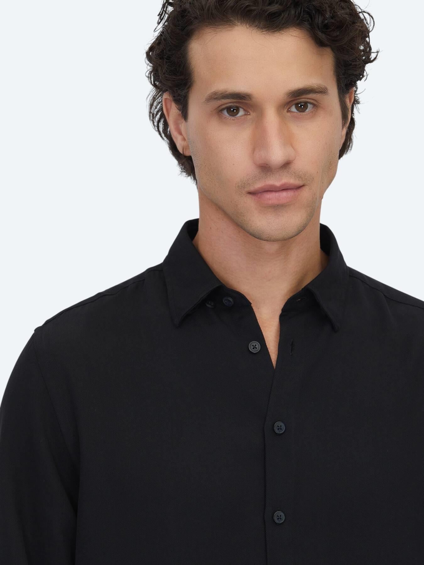 Siyah Regular Fit Uzun Dokuma Casual Gömlek