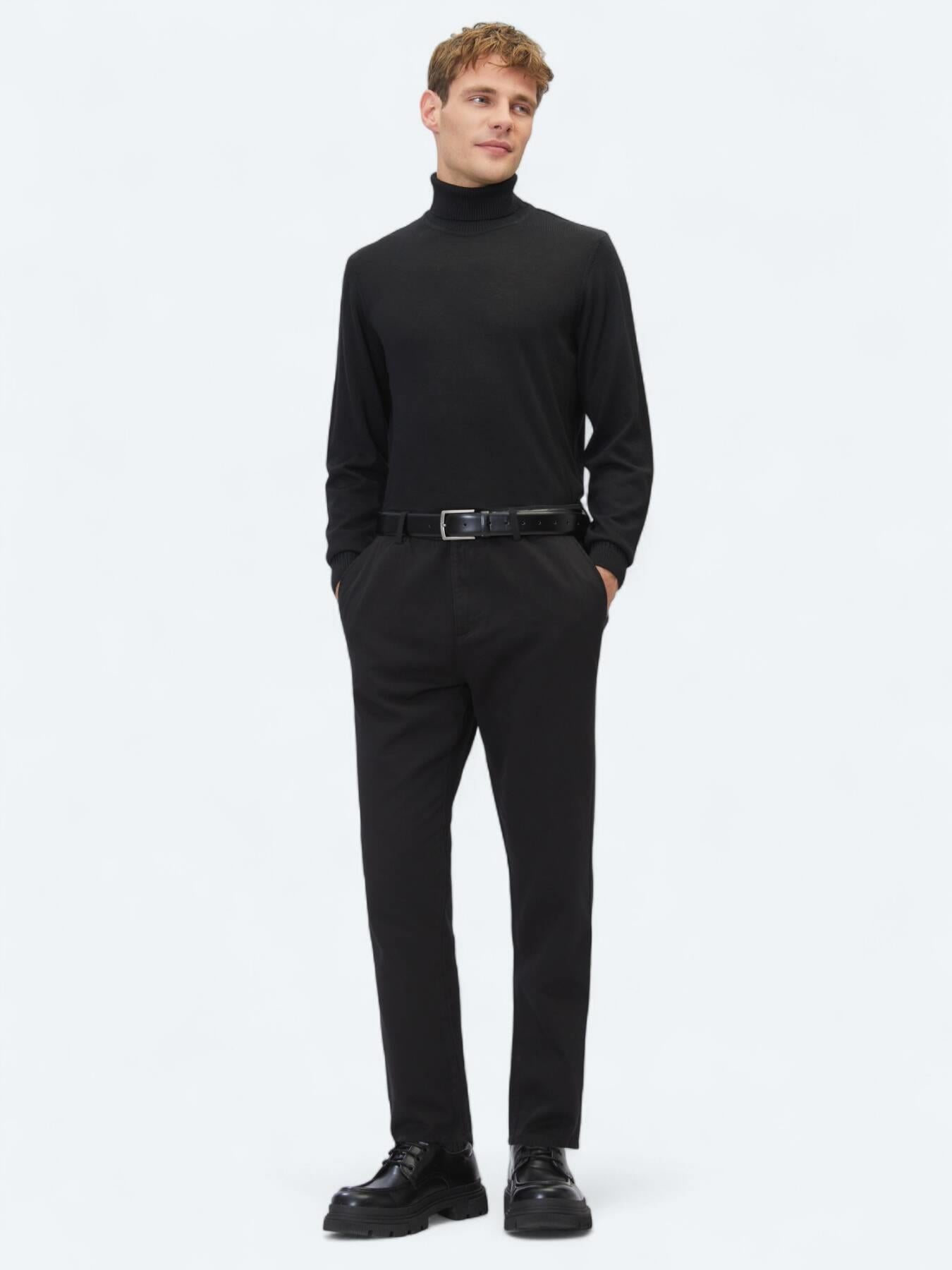 Siyah Dokuma Relaxed Fit Casual Pamuk Karışımlı Pantolon