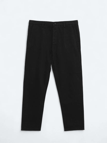 Siyah Dokuma Relaxed Fit Casual Pamuk Karışımlı Pantolon