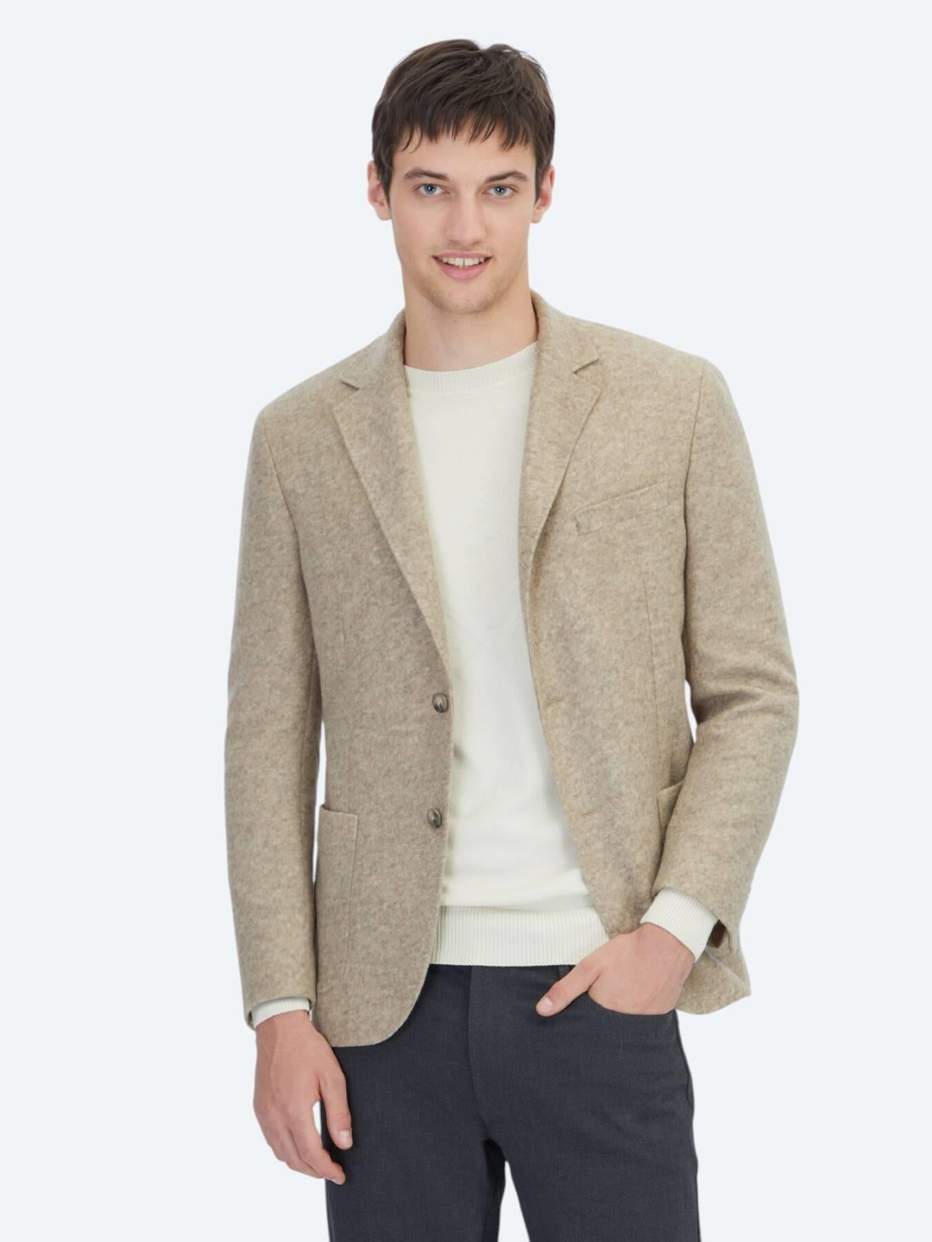 Bej Desenli Modern Fit Yün Karışımlı Örme Ceket